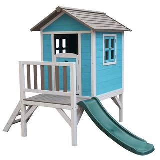 Drevený záhradný domček pre deti so šmykľavkou modrá/sivá/biela MAILEN