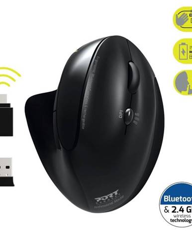 PORT CONNECT ERGONOMIC RECHARGEABL, bezdrátová ergonomická myš, 2,4 Ghz & Bluetooth®, USB-A/C, černá