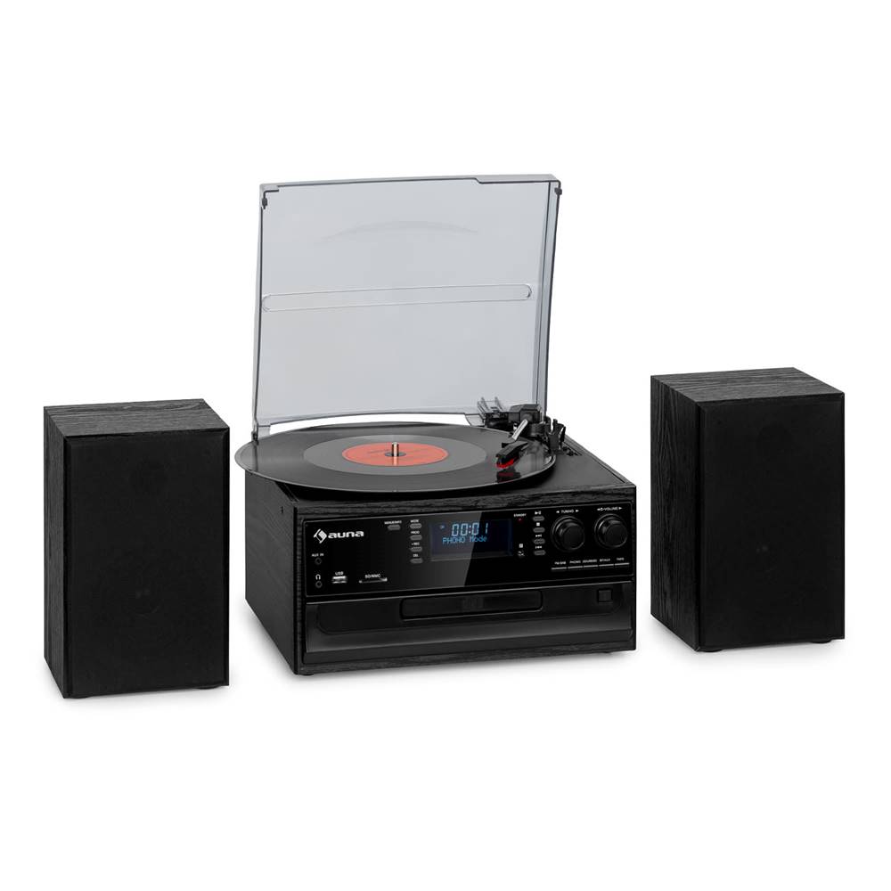 Auna  Oakland DAB Plus, retro stereo systém, DAB+/FM, BT funkcia, vinyl, CD prehrávač, kazetový prehrávač. vrátane reproduktorov, značky Auna