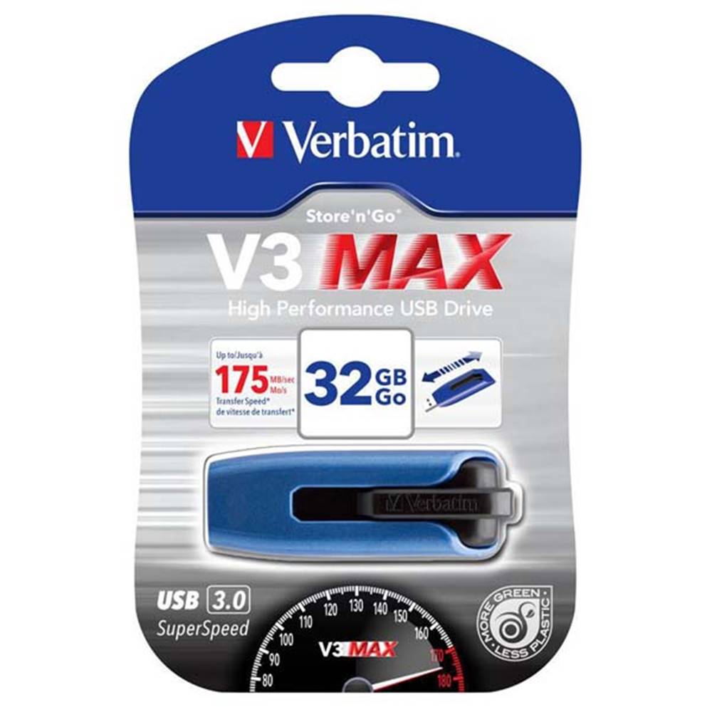 Verbatim  USB flash disk, USB 3.0, 32GB, V3 MAX, Store N Go, modrý, 49806, USB A, s výsuvným konektorom, značky Verbatim