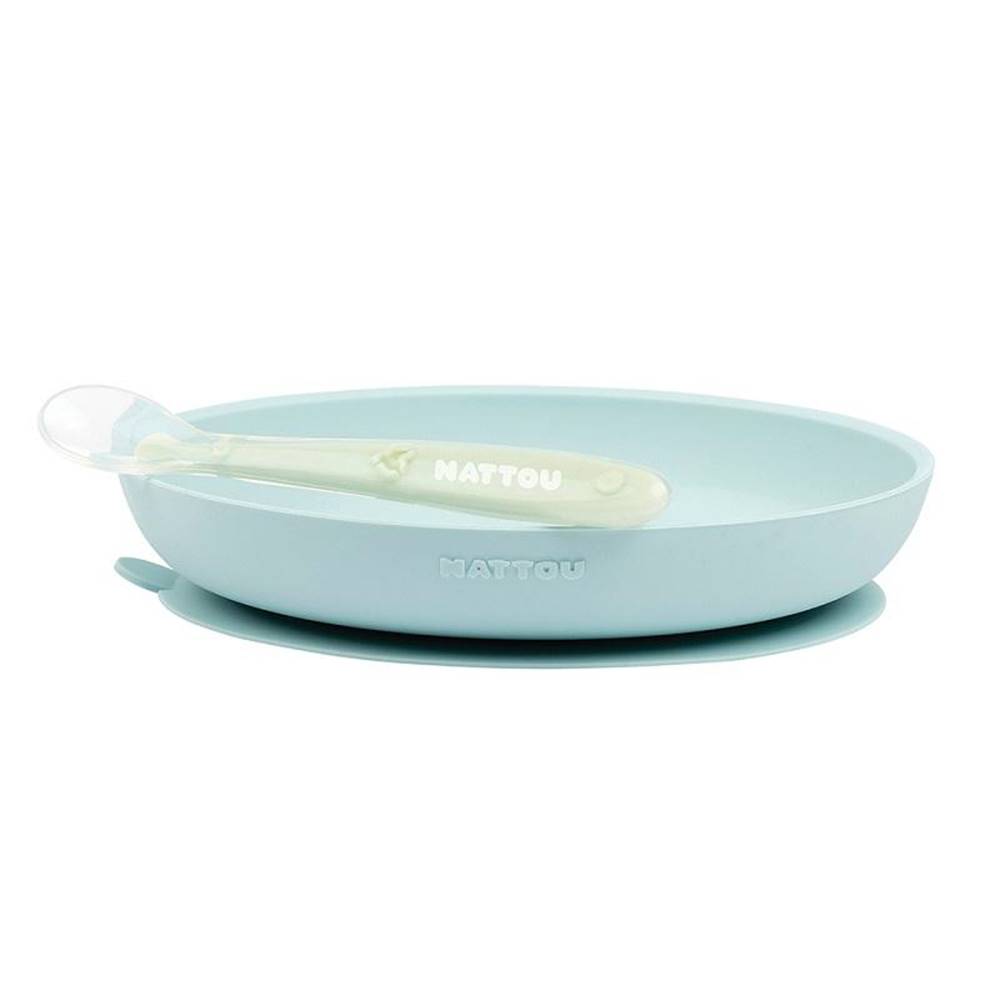 NATTOU  Set jedálenský silikonový 2 ks tanier a lyžička mint bez BPA, značky NATTOU