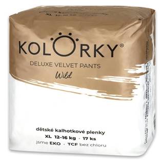 KOLORKY  DELUXE VELVET PANTS Wild Nohavičky plienkové jednorázove eko XL (12-16 kg) 17 ks, značky KOLORKY
