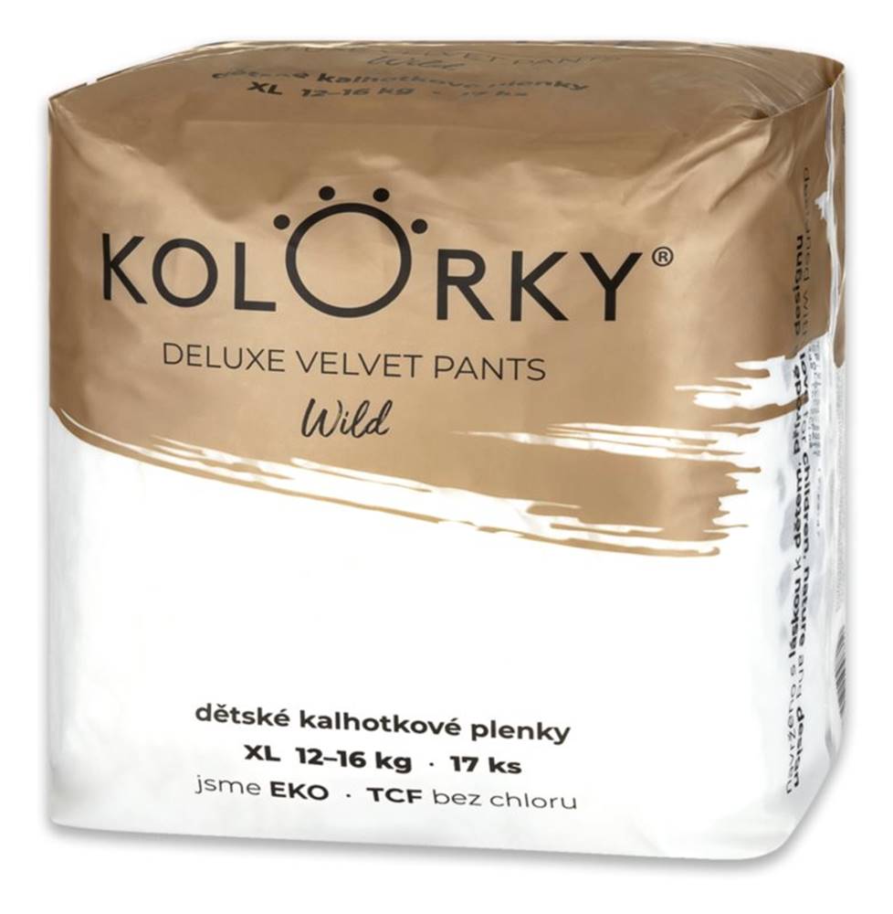 KOLORKY  DELUXE VELVET PANTS Wild Nohavičky plienkové jednorázove eko XL (12-16 kg) 17 ks, značky KOLORKY