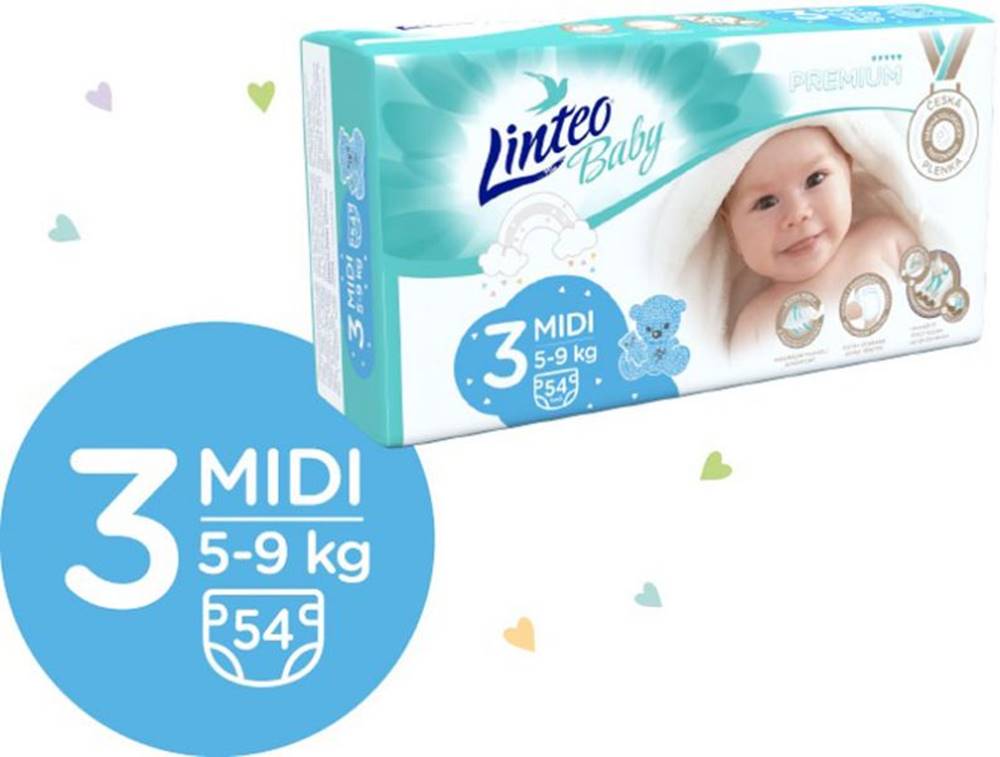 LINTEOBABY LINTEO BABY Premium Plienky jednorazové 3 MIDI (5-9 kg) 216 ks, značky LINTEOBABY
