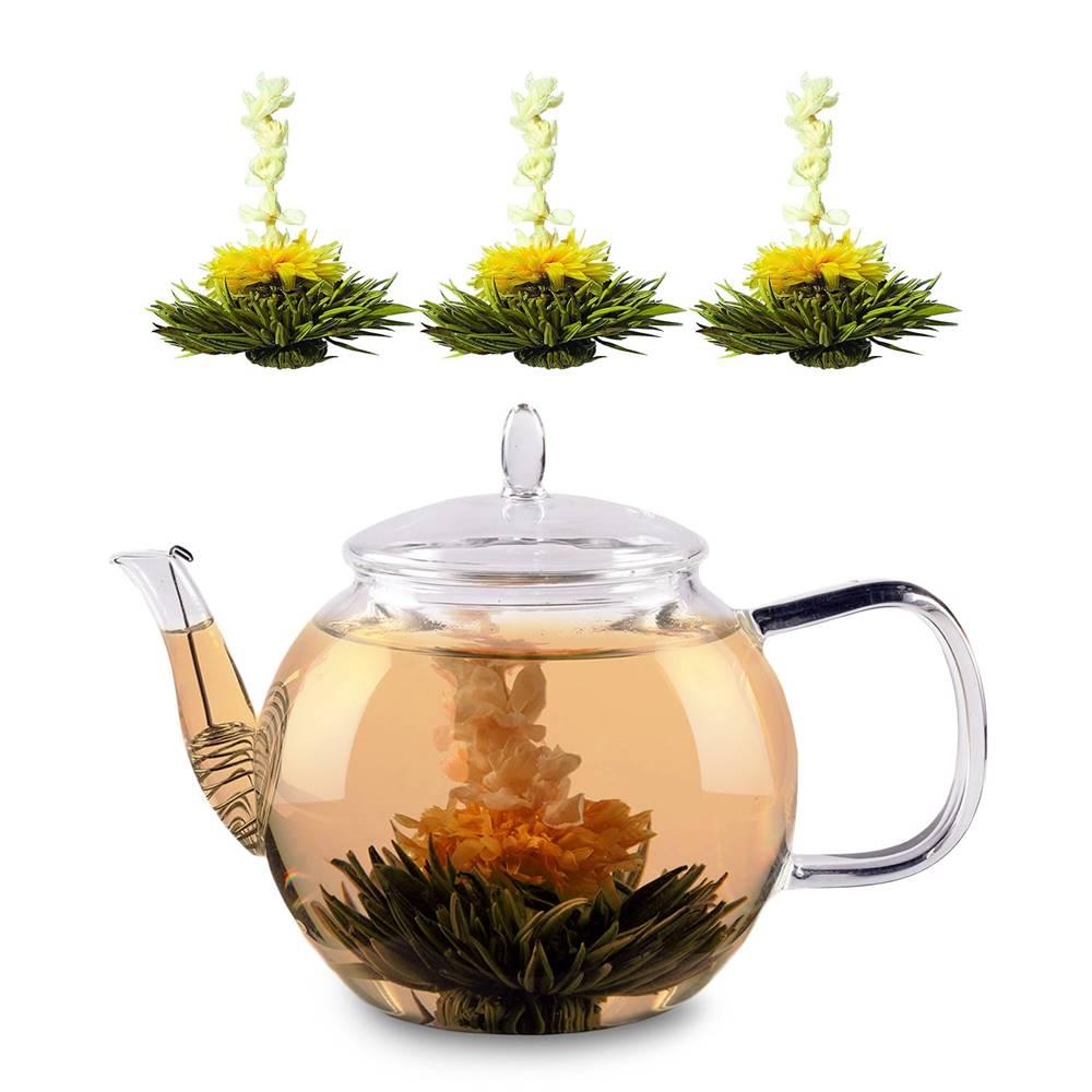 Feelino  Sklenená kanvica, 1300 ml, borosilikátové sklo, s uzáverom, čajové sitko a čajové kvety, značky Feelino