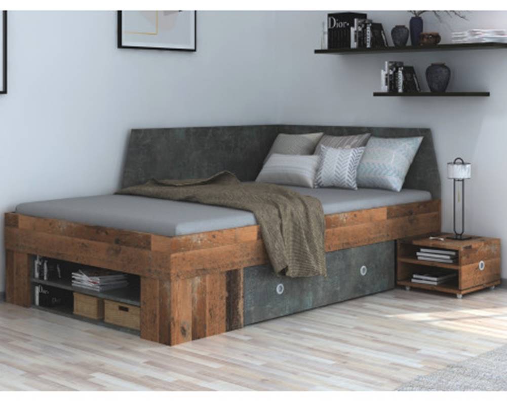 ASKO - NÁBYTOK Úložná posteľ so zástenou Junior 120x200 cm, vintage optika dreva/tmavý betón, značky ASKO - NÁBYTOK