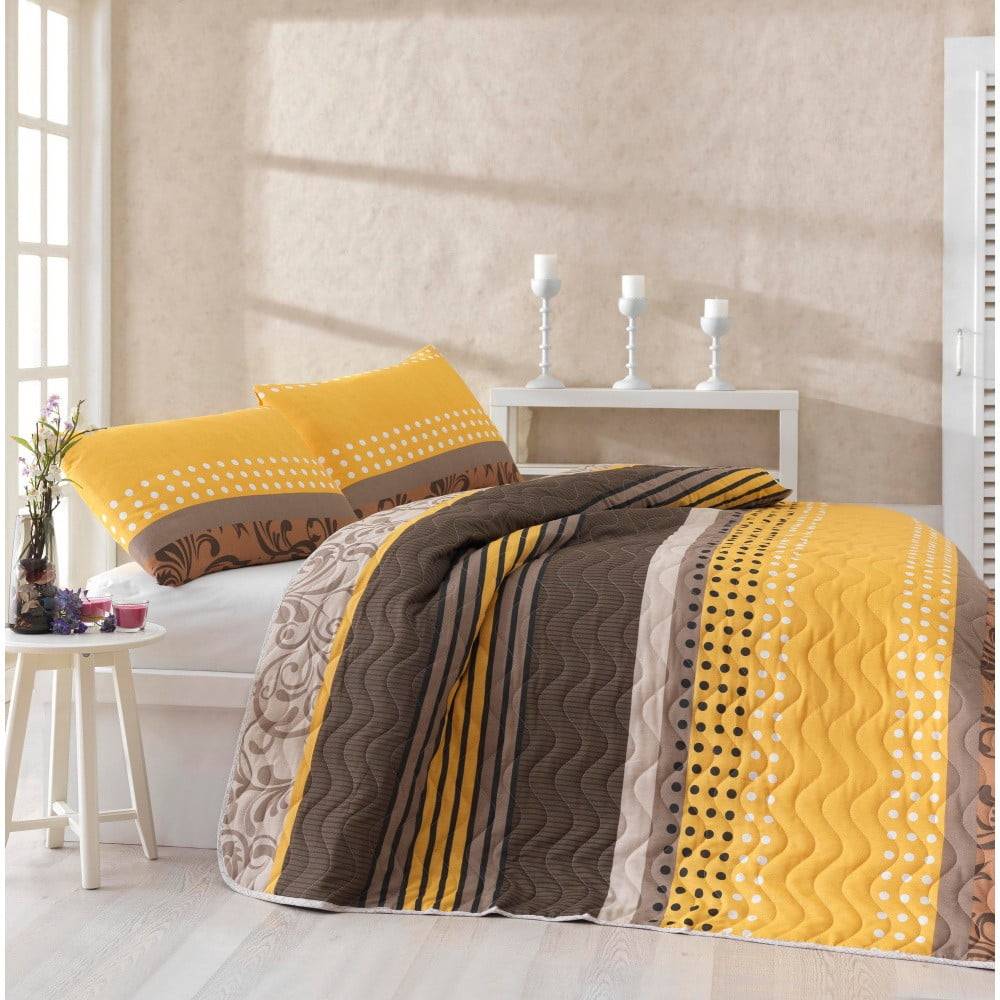Unknown Set plédu cez posteľ a obliečky na vankúš s prímesou bavlny Miranda Yellow, 160 x 220 cm, značky Unknown