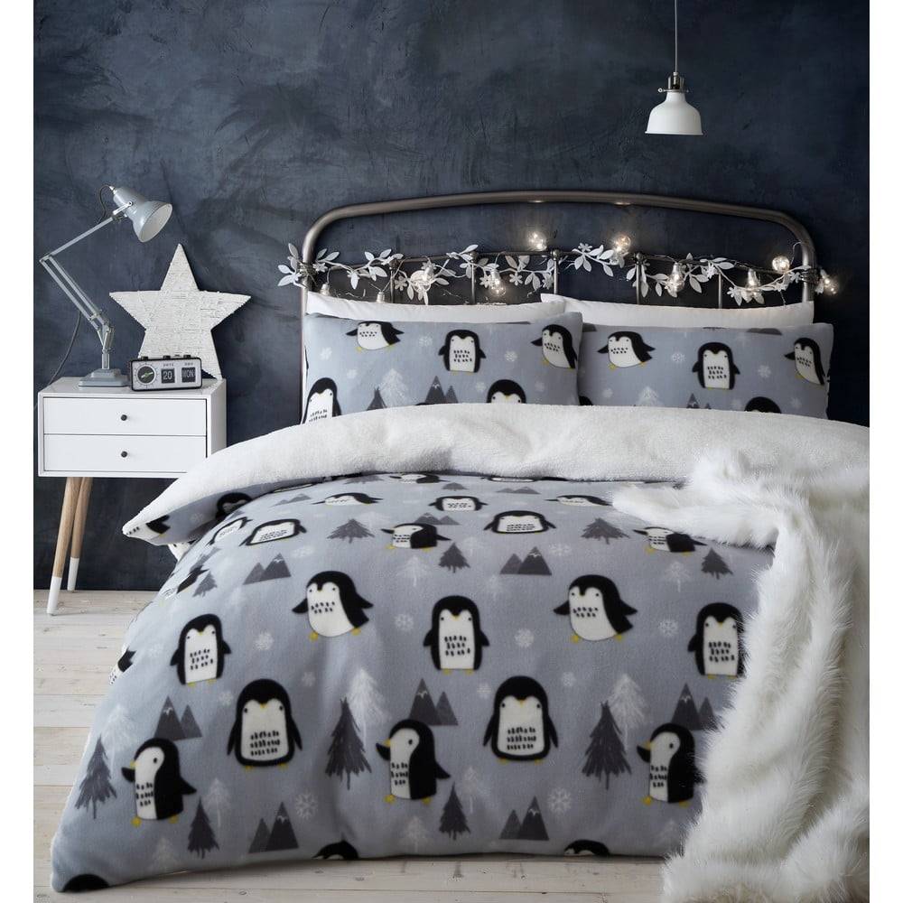 Catherine Lansfield Sivé fleecové obliečky 200x135 cm Cosy Penguin - , značky Catherine Lansfield