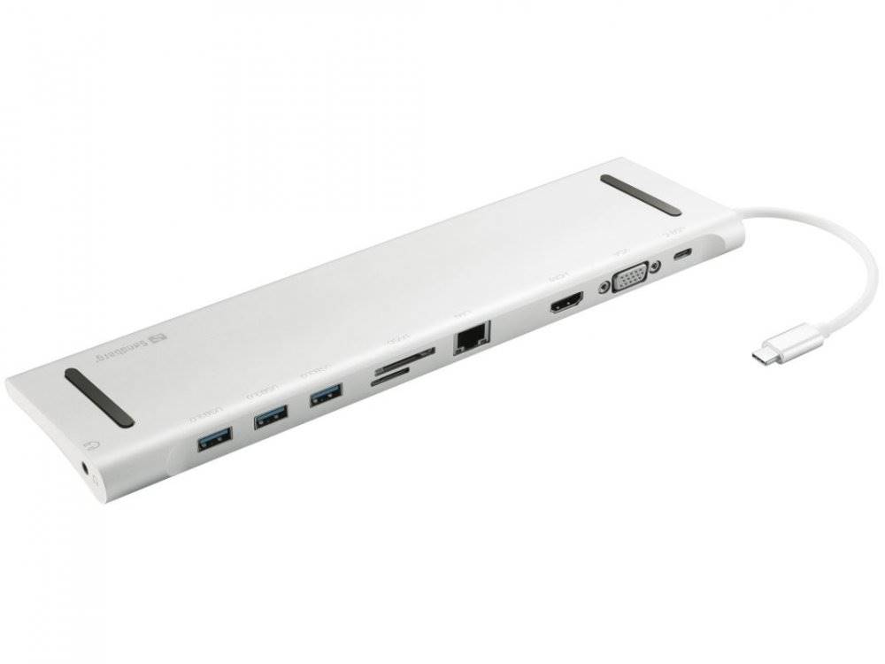 Sandberg  USB-C 10v1 dokovací stanice, HDMI+3xUSB+RJ45+VGA+TF/SD+jack+USB-C(100W), stříbrný, značky Sandberg
