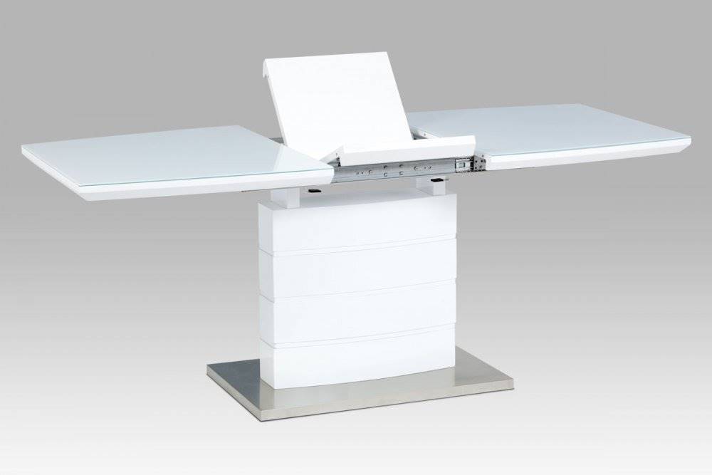 AUTRONIC  HT-440 WT rozkladací jedálenský stôl 140+40x80x76cm, biely lesk, biele sklo/brusený nerez, značky AUTRONIC