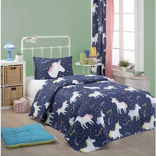 Mijolnir Set prehozu cez posteľ a obliečky na vankúš s prímesou bavlny Eponj Home Magic Unicorn Dark Blue, 160 x 220 cm, značky Mijolnir