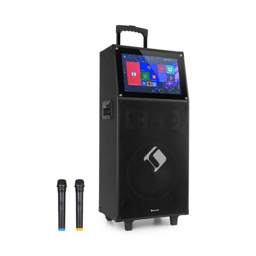 Auna  KTV, karaoke systém, 15,4" dotykový displej, 2 UHF mikrofóny, WiFi, BT, USB, SD, HDMI, vozík, značky Auna