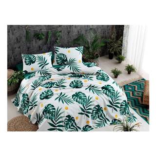 Bonami Set bavlneného plédu cez posteľ, plachta a 2 obliečky na vankúš Monstera Green, 200 x 235 cm, značky Bonami