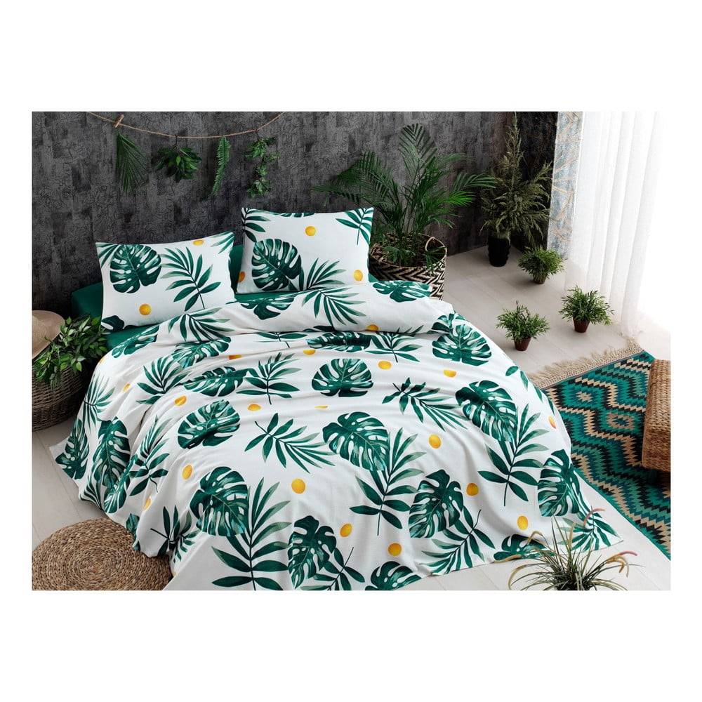 Bonami Set bavlneného plédu cez posteľ, plachta a 2 obliečky na vankúš Monstera Green, 200 x 235 cm, značky Bonami