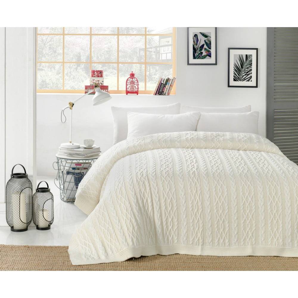Homemania Svetlokrémový pléd cez posteľ s prímesou bavlny  Decor Knit, 220 x 240 cm, značky Homemania